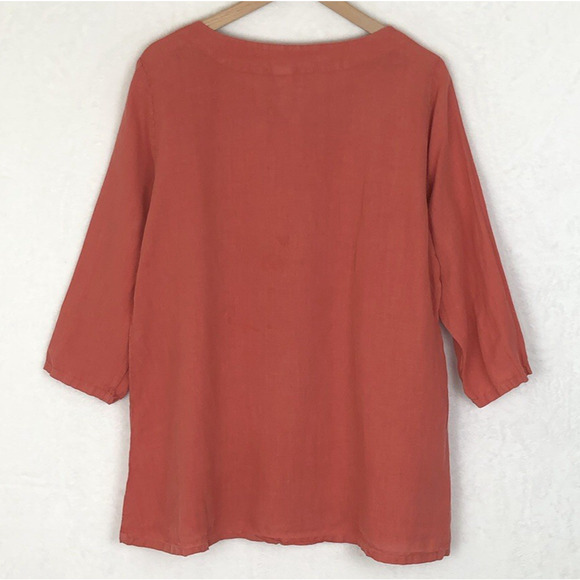 MATCH POINT 100% Linen Tunic Top Sz L Coral 3/4 Slv Boho Lagenlook USA Made - Picture 2 of 10